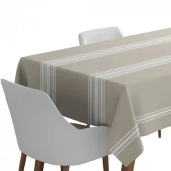 Nappe beige à rayures en lin et coton