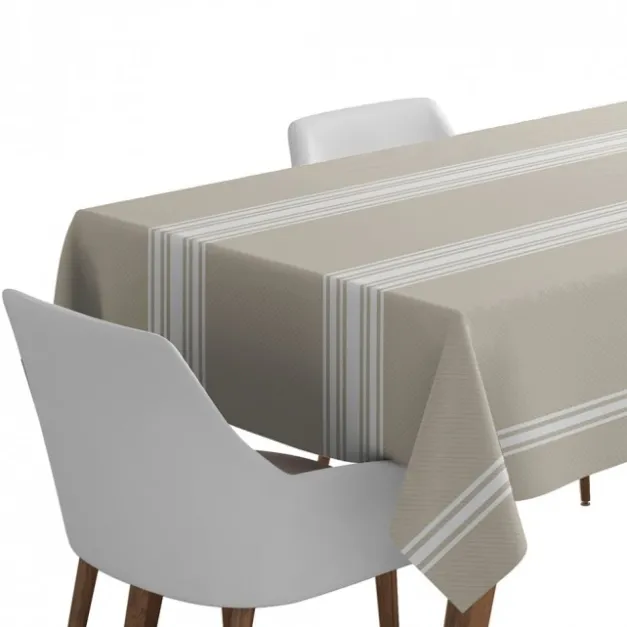 Nappe beige à rayures en lin et coton