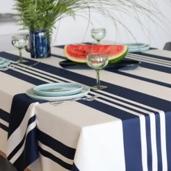 Nappe en coton bleu foncé et blanche à rayures