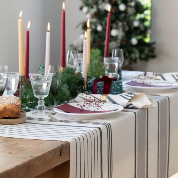Nappe en lin et coton à rayures noir et écru