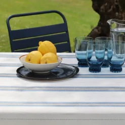 Nappe en lin et coton bleu à rayures