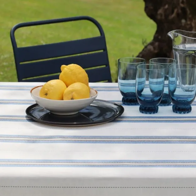 Nappe en lin et coton bleu à rayures