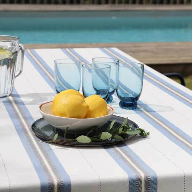 Nappe en lin et coton bleu à rayures