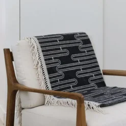 Plaid en cachemire et laine gris foncé à franges