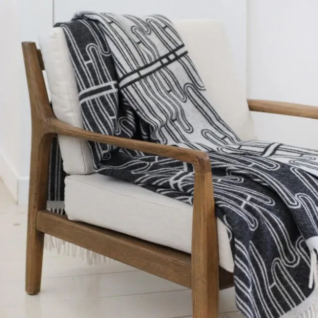 Plaid en cachemire et laine gris foncé à franges