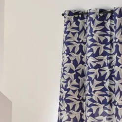 Rideau en Jacquard bleu en coton motifs oiseaux